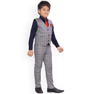 Boys Navy Blue & Grey Shirt with Trousers & Waistcoat - Image 2