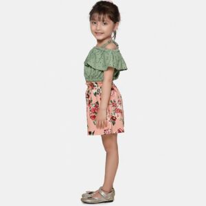 Girls Green & Pink Printed Top with Shorts - Image 2