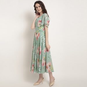 Women Green Printed Fit and Flare Dress - Image 3