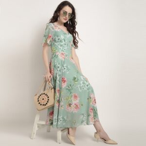 Women Green Printed Fit and Flare Dress - Image 4